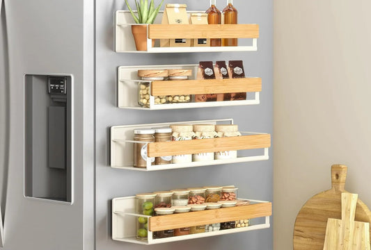 Magnetic Spice Rack for Refrigerator, 4 Pack, 2 Large and 2 Small Kitchen Magnetic Shelves for Washing Machine, Spice Organizers, No Drilling Needed, Cream White and Light Bamboo UKCS062WD01