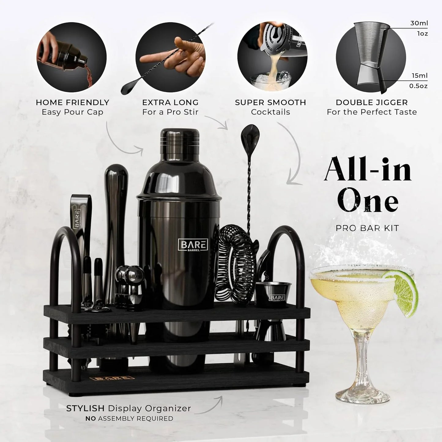 ® Mixology Bartender Kit Bar Set | 14-Piece Cocktail Shaker Set | Martini Barware Mixing Tools for Home Bartending | 35 Recipe Cards | Gift Set (24Oz Cobbler Shaker, Jet Black/Black)