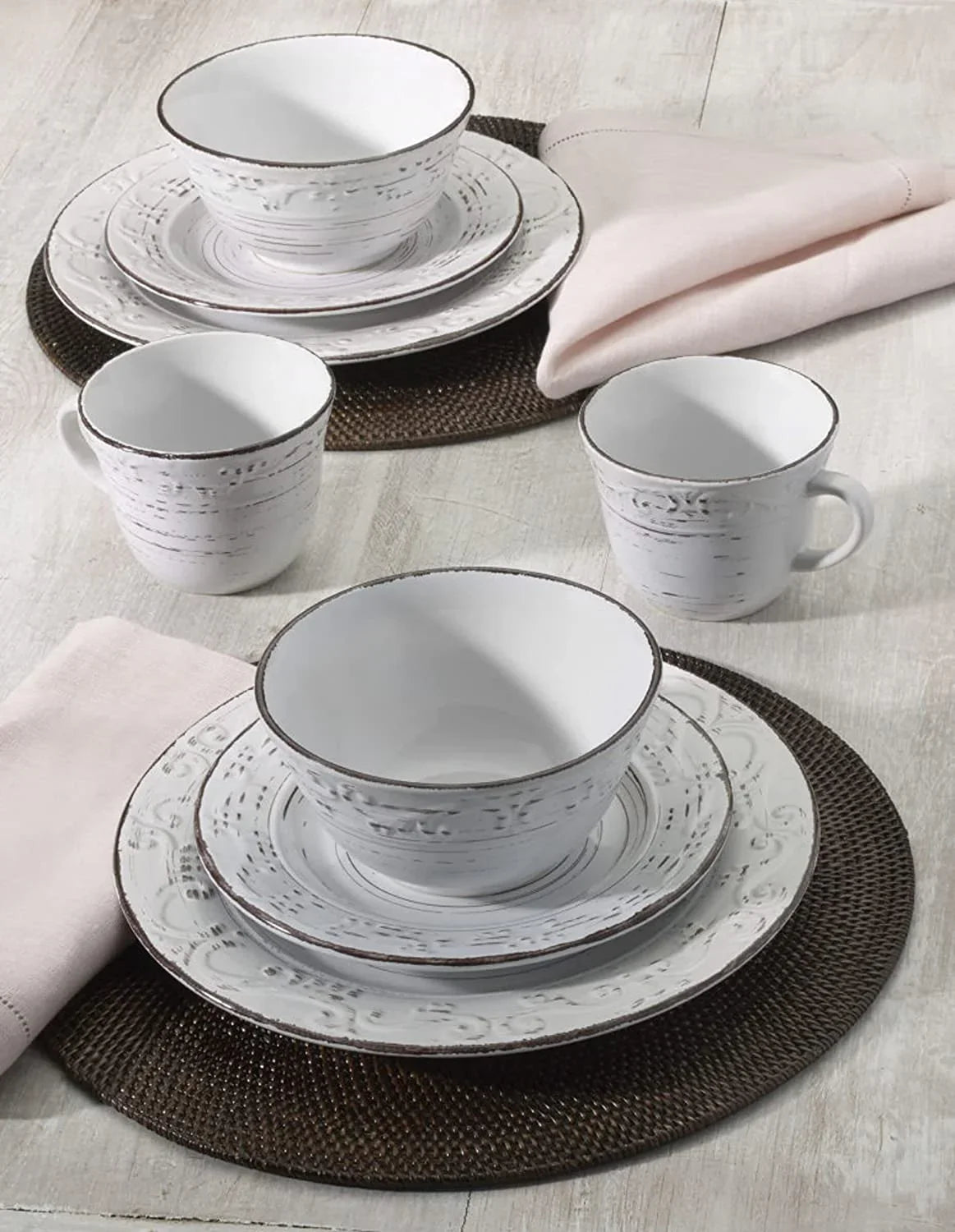 Trellis White 16-Piece Stoneware Dinnerware Set, Service for 4, Distressed White Finish, Microwave & Dishwasher Safe Plates and Bowls