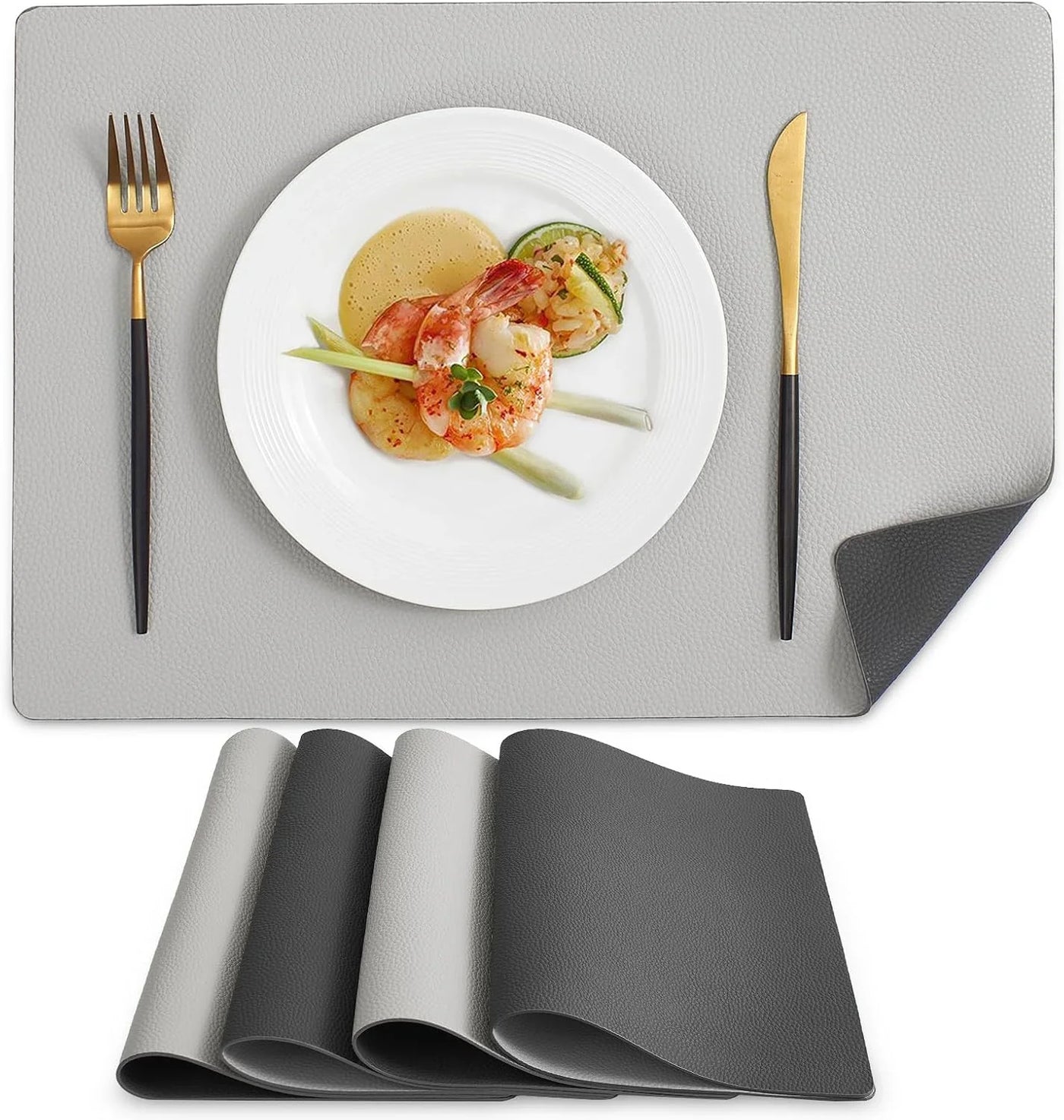 Vinyl Placemats Set of 4, Heat Resistant Place Mats 100% Waterproof Washable & Wipeable Faux Leather Reversible Table Mats for Kitchen Dining Party Indoor Outdoor, 12" X 17", Dark Light/Grey