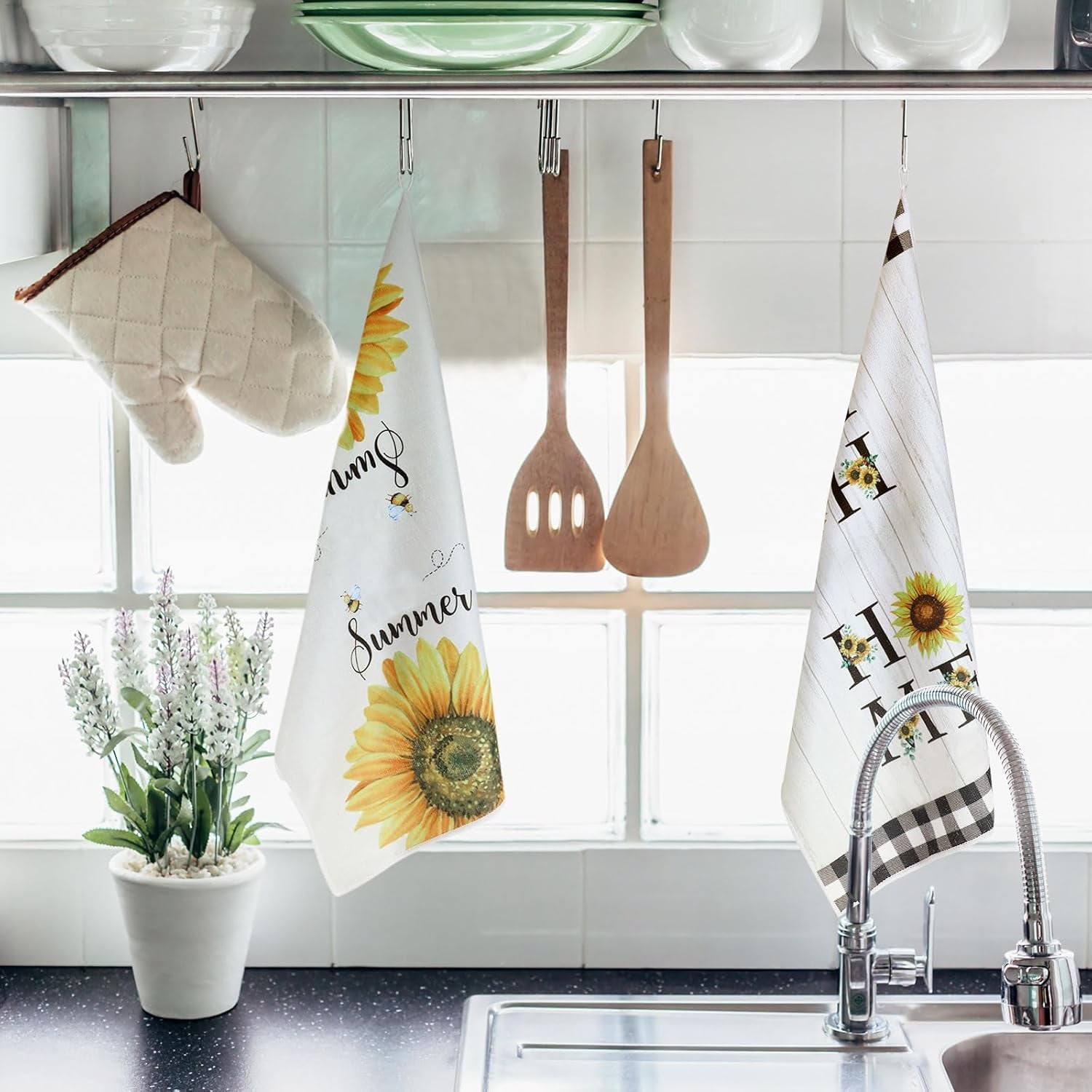 4 Pcs Sunflower Kitchen Towels Spring Summer Gifts Sunflower Floral Hand Dish Towels Absorbent Sunshine Yellow Grid Fast Drying Decor Housewarming Gift for Cooking Bathroom Kitchen Decor