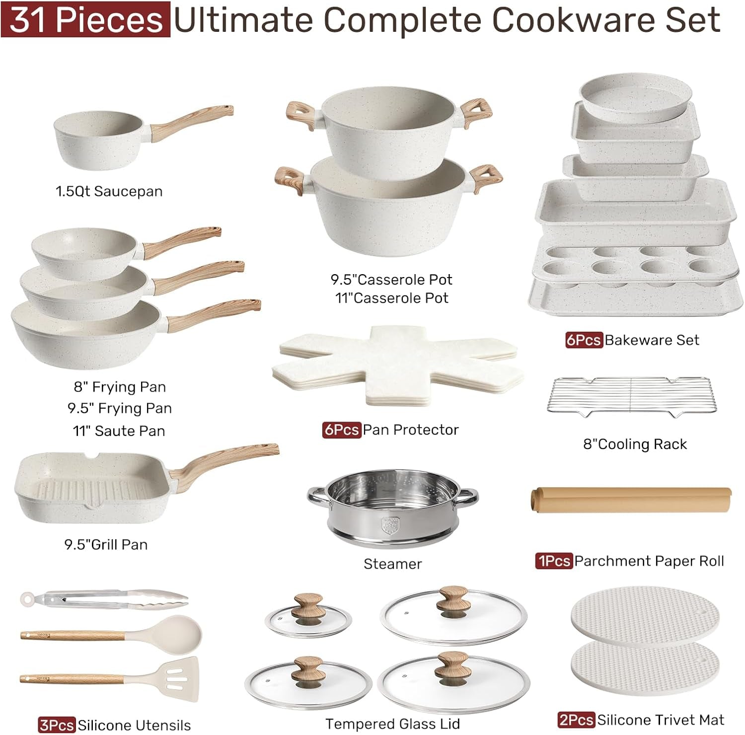 Pots and Pans Set Non Stick 31 Piece Kitchen Nonstick Cooking Cookware Sets with Grill Pan Saucepan Baking Sheet Utensil, Cream White