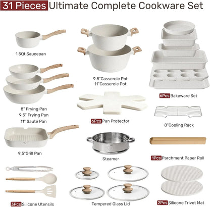 Pots and Pans Set Non Stick 31 Piece Kitchen Nonstick Cooking Cookware Sets with Grill Pan Saucepan Baking Sheet Utensil, Cream White