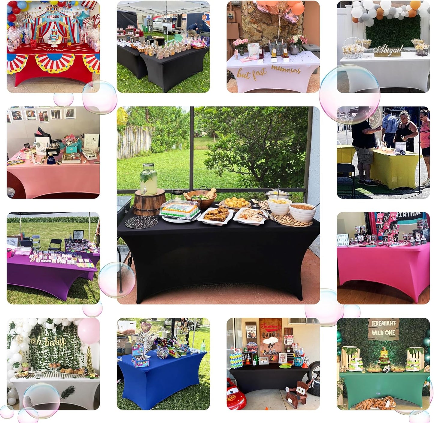 6 FT Black Spandex Table Cover Stretch Fitted Wrinkle Resistant Tablecloth Reuse for Rectangular Folding Table Patry Event Wedding Banquet Protector