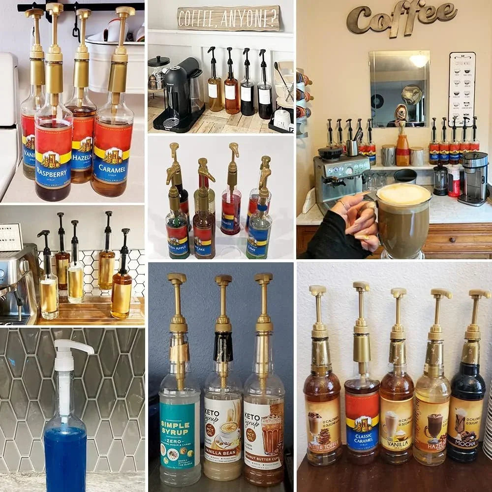 Assorted coffee syrup bottles with pump dispensers for flavored drinks and kitchen use