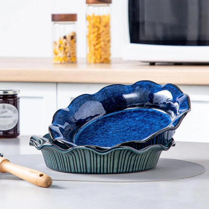 Ceramic Pie Pan for Baking, 9 Inch Deep Pie Plates for Apple Pie, Pot Pie, Tart and Quiche, Reactive Glaze Fluted Pie Pans, Large Pie Dish with Ruffled Edge, Blue, STERN Series