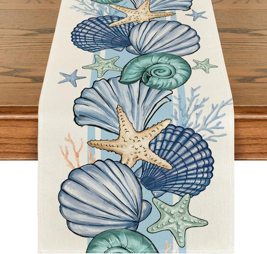 Sea Shell Starfish Summer Table Runner,Spring Ocean Kitchen Dining Table Decoration for Home Party Decor 13X72 Inch