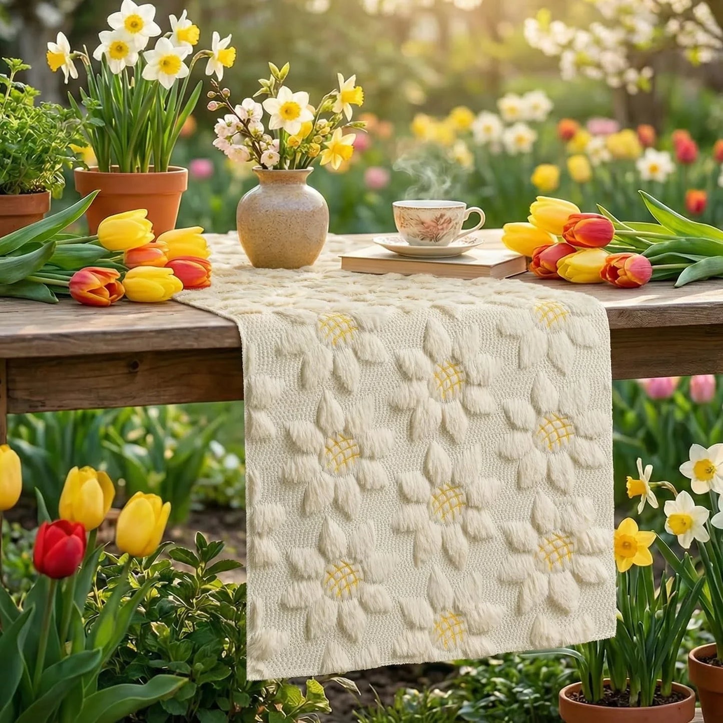 Beige Soft Plush Faux Fur Jacquard Embroidery Sunflower Spring Table Runner, Kitchen Dining Table Decoration for Home Party Decor 13X72 Inch