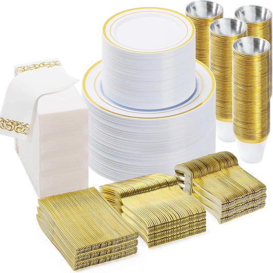 700 PCS Gold Dinnerware Set for 100 Guests, Plastic Dinnerware Set for Party, Christmas, Include: 200 Plastic Plates, 100 Gold Silverware, 100 Cups, 100 Paper Napkins