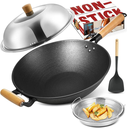 13'' Nonstick Wok, Cast Iron Wok with Lid, 5 PCS Wok Pan & Stir-Fry Pans Set with Oil Filter Tray and Spatula, No Chemical Coated Flat Bottom Chinese Woks Pan for All Stoves