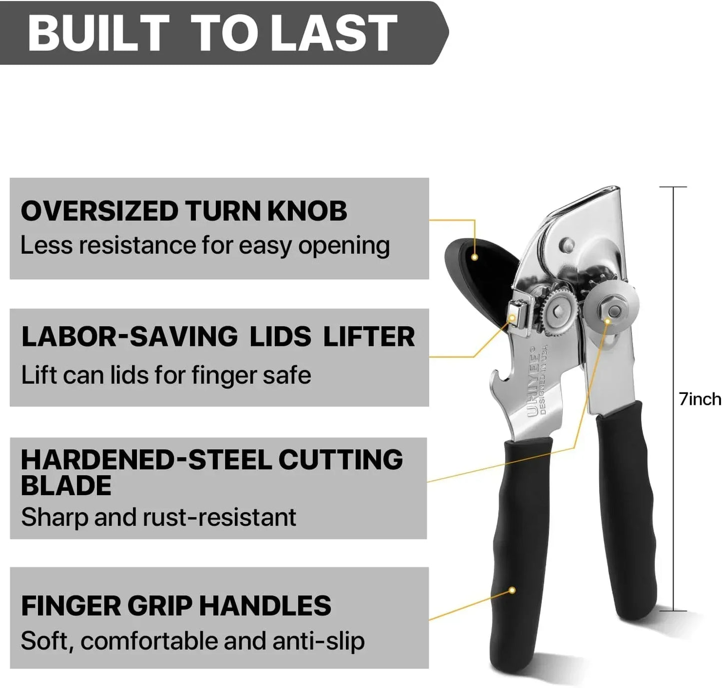 Durable 7-inch can opener with oversized knob, lid lifter, steel blade, and anti-slip handles for easy kitchen use