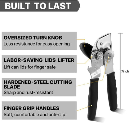 Durable 7-inch can opener with oversized knob, lid lifter, steel blade, and anti-slip handles for easy kitchen use