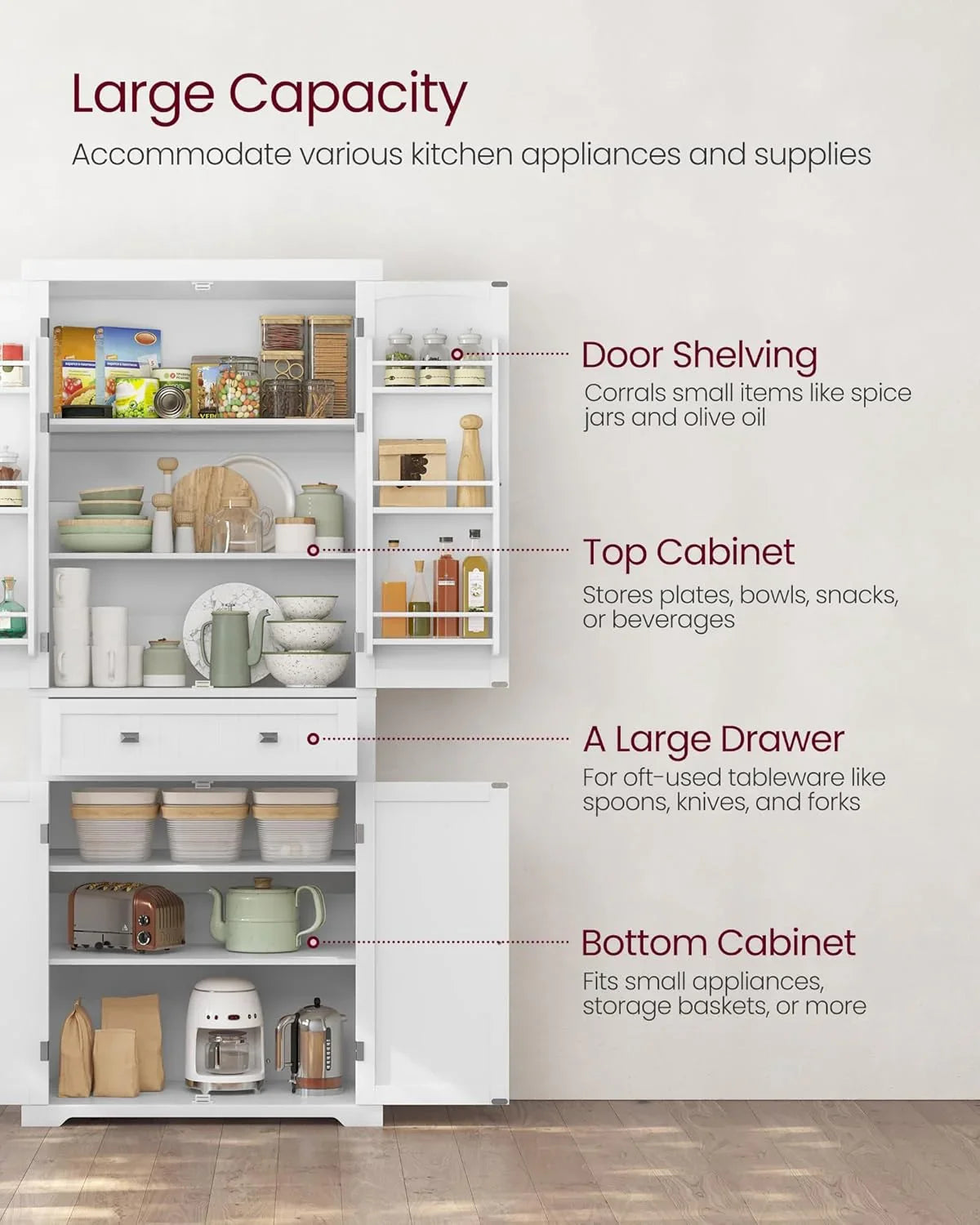 Pantry Cabinet, 71.7-Inch High Freestanding Tall Cupboard Storage Cabinet with a Drawer, 2 Cabinets, 4 Adjustable Shelves, 6 Door Shelves, for Living Room, Kitchen, White UBBC561P31V2