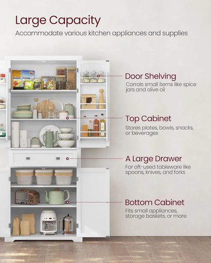 Pantry Cabinet, 71.7-Inch High Freestanding Tall Cupboard Storage Cabinet with a Drawer, 2 Cabinets, 4 Adjustable Shelves, 6 Door Shelves, for Living Room, Kitchen, White UBBC561P31V2