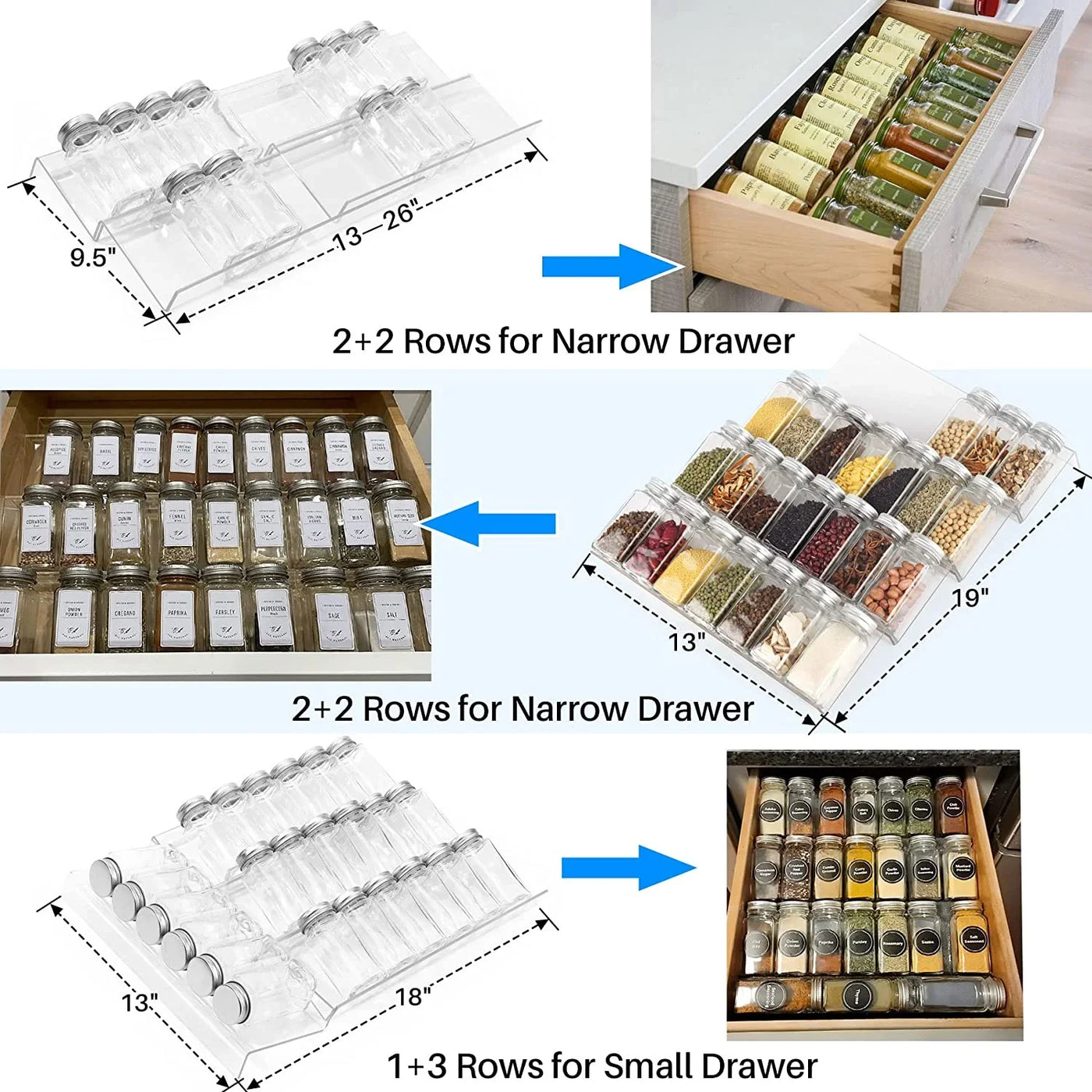 Spice Drawer Organizer, 4 Tier- 8 Pack Kitchen Spice Rack Tray for Drawer, Expandable from 13" to 26" Acrylic Seasoning Organizer Rack Holds up 56 Spice Jars (Jars Not Include)