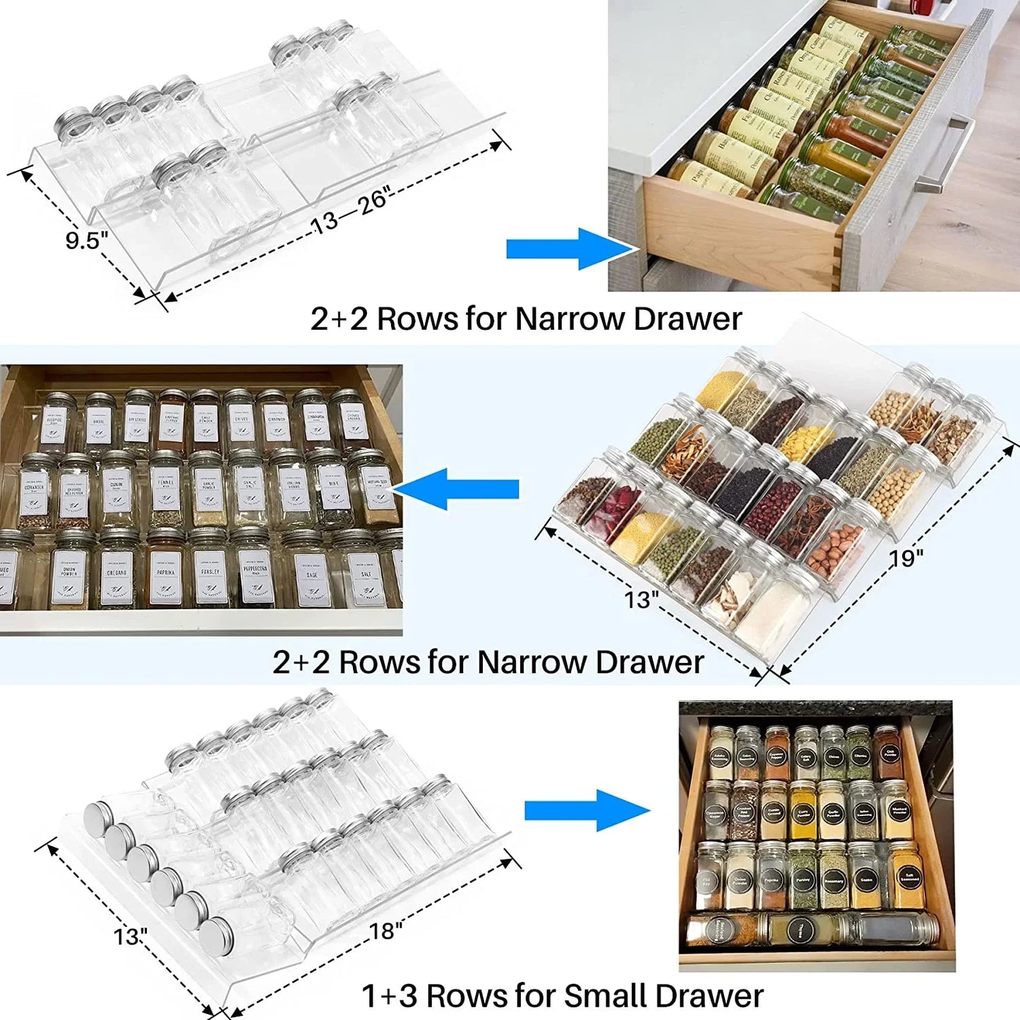 Spice Drawer Organizer, 4 Tier- 8 Pack Kitchen Spice Rack Tray for Drawer, Expandable from 13" to 26" Acrylic Seasoning Organizer Rack Holds up 56 Spice Jars (Jars Not Include)