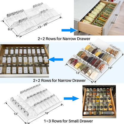 Spice Drawer Organizer, 4 Tier- 8 Pack Kitchen Spice Rack Tray for Drawer, Expandable from 13" to 26" Acrylic Seasoning Organizer Rack Holds up 56 Spice Jars (Jars Not Include)