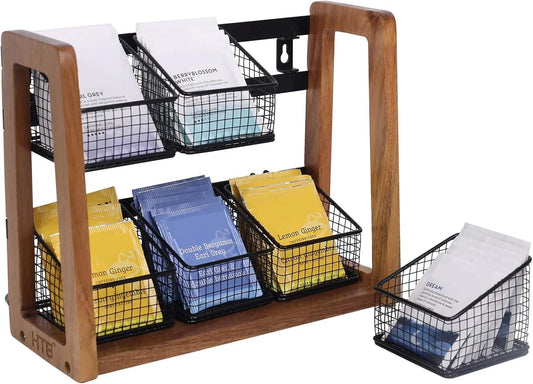 2 Tier Tea Organizer for Tea Bags, Tea Bag Holder with Acacia Wood Stand and 6 Removable Metal Basket for Sugar Packets, Sweeteners, Creamers for Cabinet, Countertop or Wall-Mounted