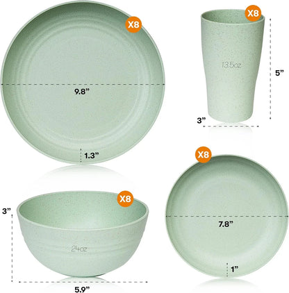 Wheat Straw Dinnerware Sets | Unbreakable Dinnerware Sets | Dishwasher Microwave Safe Dinnerware | Eco Friendly Non Breakable Dinnerware Sets | RV Outdoor Camping (Green, Service for 8 (32 Pcs))