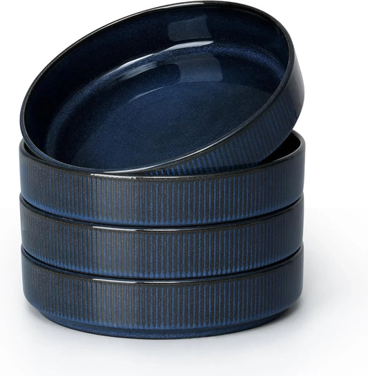 Pasta Bowls Set of 4, 35Oz Large Salad Bowl Plate for Dinner Serving, Wide & Shallow Ceramic Stoneware Pasta Plates, Microwave & Dishwasher Safe, Reactive Glaze Textured Stripes, Dark Blue