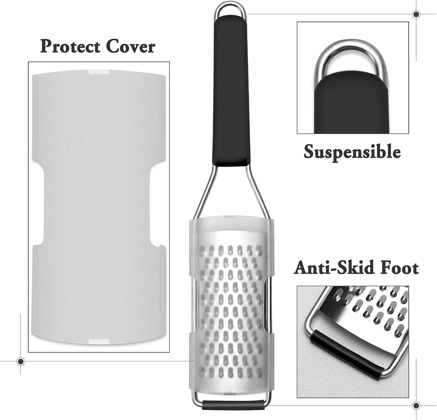 Stainless steel grater with black handle, anti-skid foot, and protect cover for kitchen use
