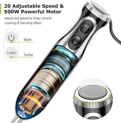 Immersion Blender Handheld with Food Processor, 20 Speeds Hand Blender with Turbo Mode, Stainless Steel Blade, Egg Whisk, Beaker & Chopper Bowl, Hand Mixer for Smoothie, Soup, Baby Food
