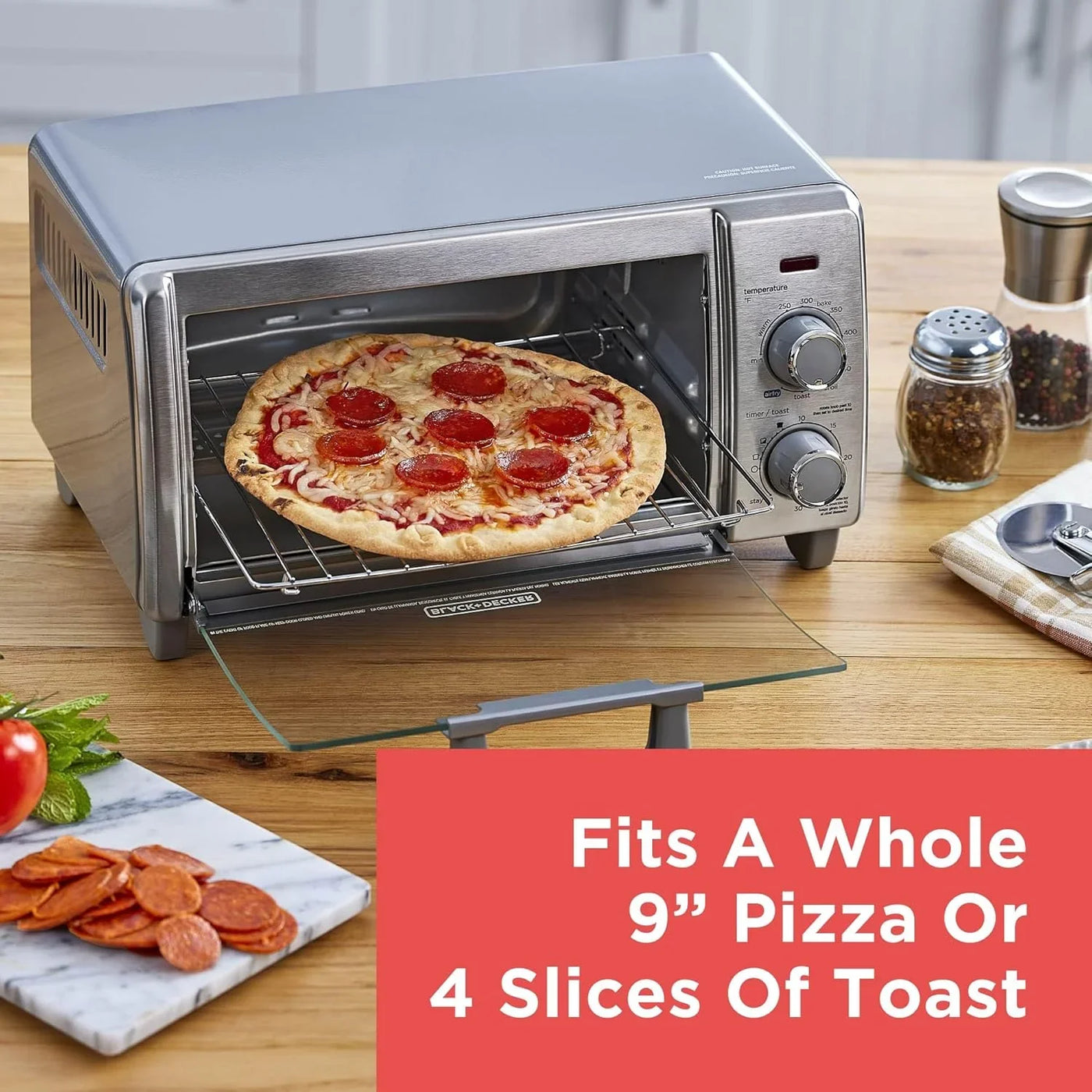 Crisp 'N Bake Air Fry Countertop Convection Toaster Oven, Medium Capacity, 4-Slice, 5-In-1, Fits 9” Pizza, 30-Min Timer, Bake, Broil, Air Fry, Toast, Keep Warm, Stainless Steel