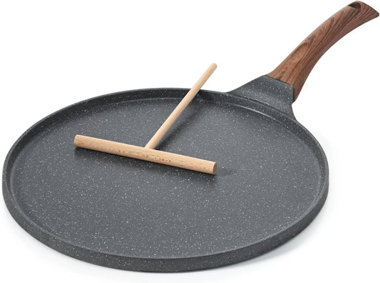 Nonstick Crepe Pan, Swiss Granite Coating Dosa Pan Pancake Flat Skillet Tawa Griddle 10-Inch with Stay-Cool Handle, Induction Compatible