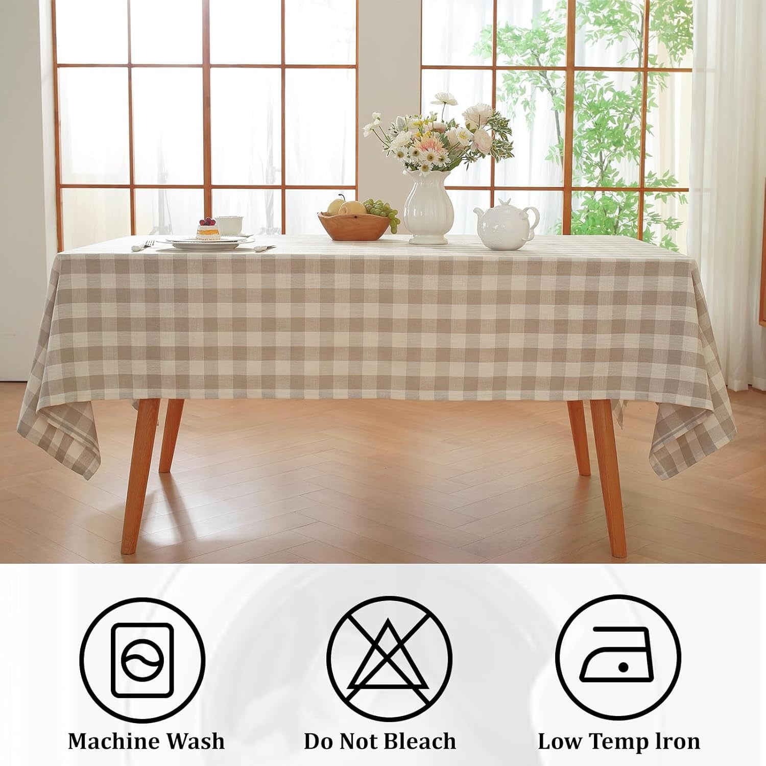 Checkered Tablecloth Rectangle Washable Buffalo Plaid Table Cloth Cotton Linen Gingham Table Cover for Picnic Kitchen Dining Room, Beige and White, 60 * 75