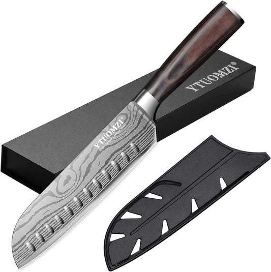 7" Santoku Knife with Blade Guard, Hollow Edge Chef'S Santoku Knife 7-Inch Stainless Steel Japanese Chefs Knife for Kitchen Vegetables Fruits Meat, Ergonomic Pakkawood Handle, Gift Box