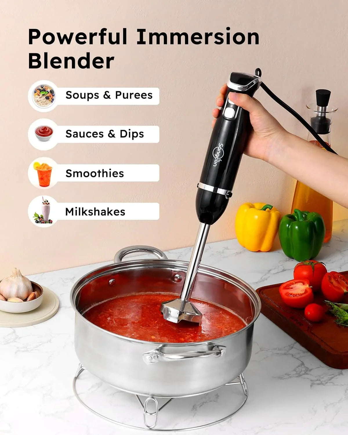 Immersion Blender Handheld, 3-In-1 Hand Blender Electric, 400W Handheld Licuadora De Mano, Stainless Steel Blade Stick Mixer with Whisk, Milk Frother Attachments - Black