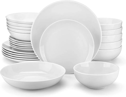 24-Piece Gourmet Porcelain Dinnerware Sets, Modern White round Dish Set for 6 - Premium Serving Plates and Bowls Sets for Dessert, Salad, Soup, Pasta - Series AMELIA