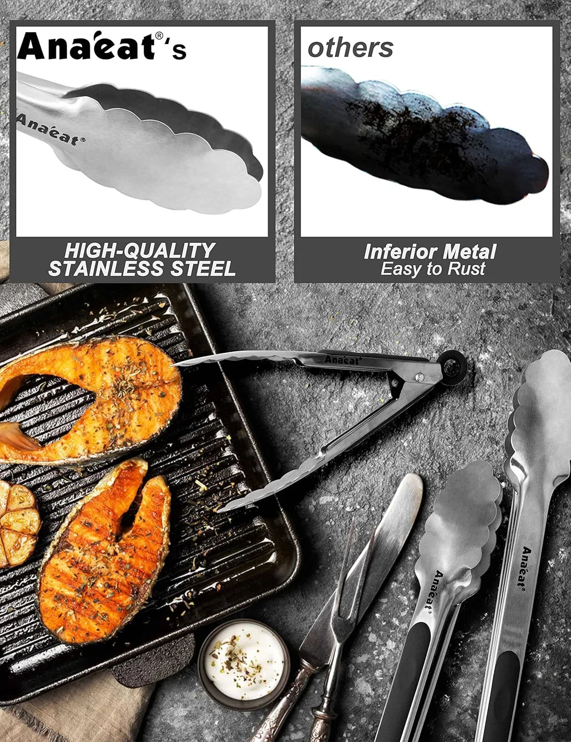 Premium Kitchen Locking Tong Set of 3 - Heavy Duty Stainless Steel Food Tongs with Long Handle & Non-Slip Silicone Grip for Cooking, Baking, Grilling - Heat Resistant up to 480°F