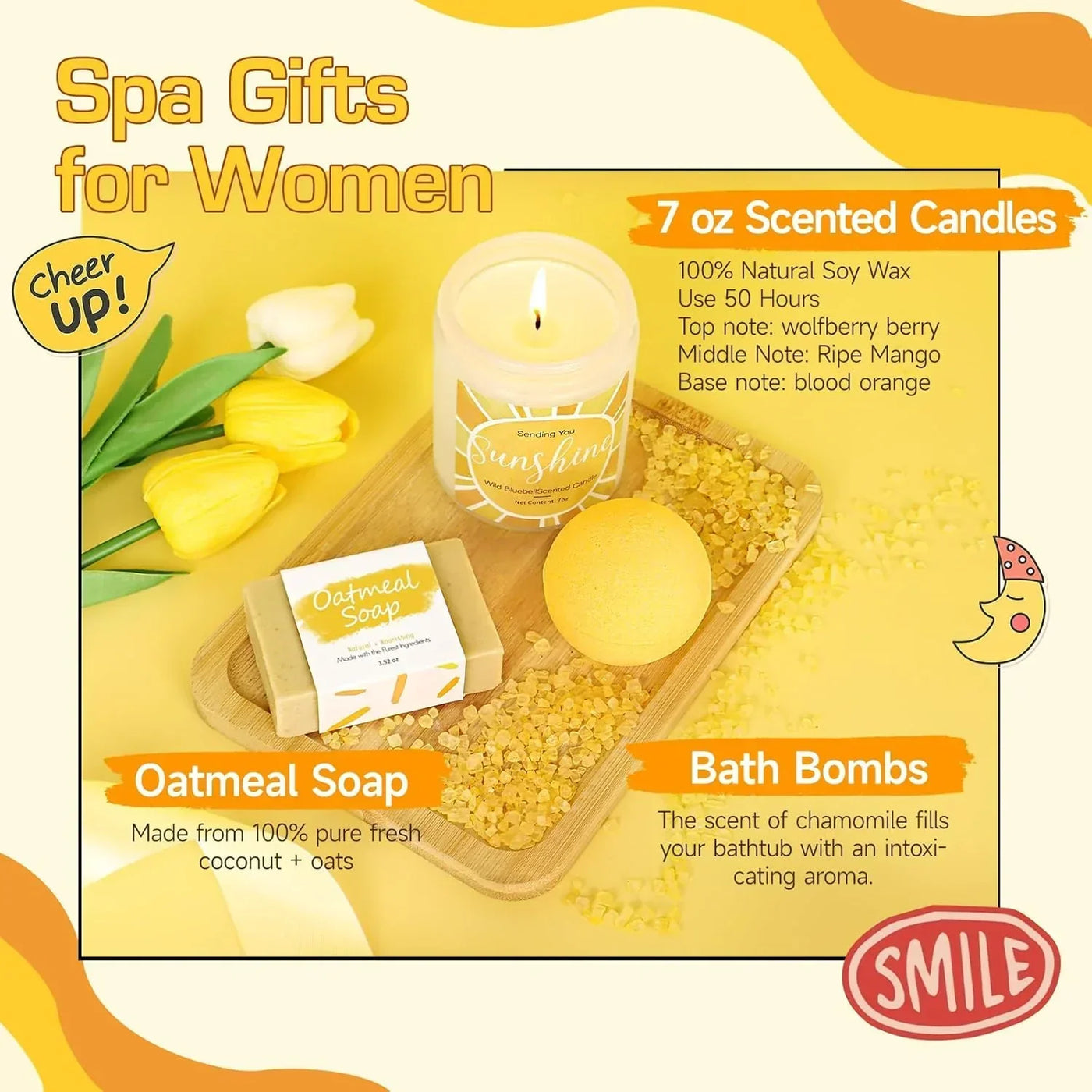 Spa gift set with scented candle, oatmeal soap, and bath bomb on wooden tray with yellow tulips