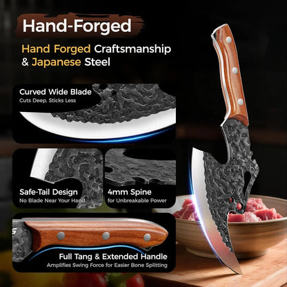 Viking Meat Cleaver Knife Boning Knife Hand Forged Heavy Duty Butcher Knife Meat Cutting Kitchen Axe for Outdoor BBQ Birthday Chirstmas Viking Gifts for Men