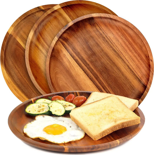 Wooden Plates (Set of 4-11Inch) Dinner Plates, Acacia round Wood Plates, Unbreakable Classic Plates, Easy Cleaning & Lightweight for Dishes Snack, Dessert, Housewarming, Christmas Gift