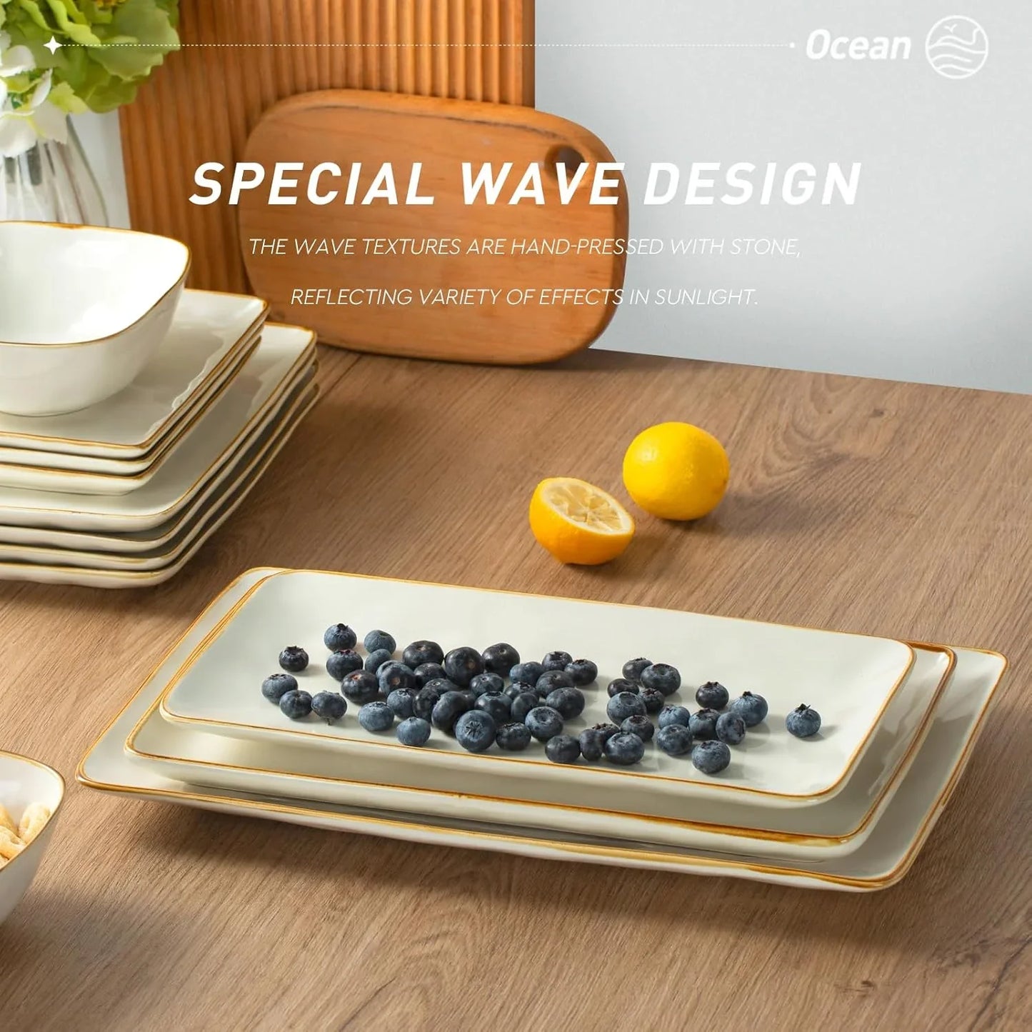 Serving Platter, Rectangular 15.67/14.1/12.6Inch Serving Dishes for Entertaining, Microwave Dishwasher Safe, Stoneware Serving Trays for Party, Turkey, Cheese, Ocean Series, Vanilla White
