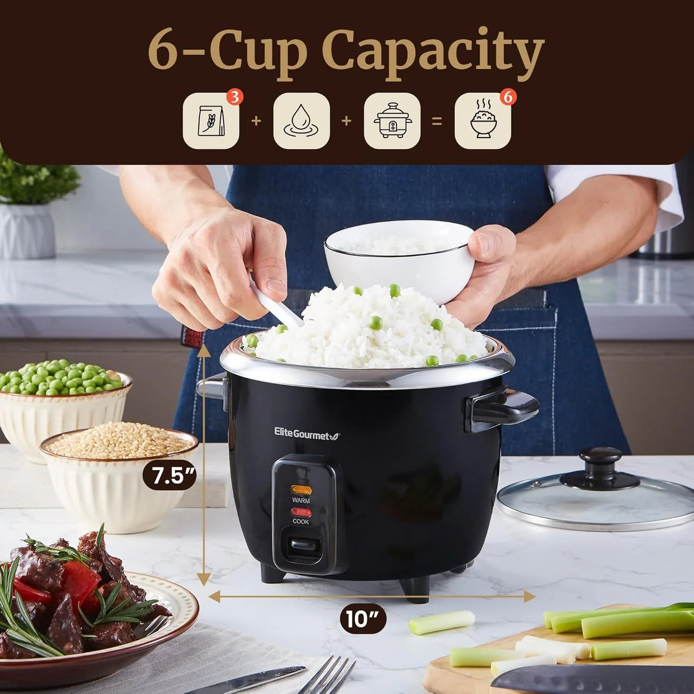 ERC006SS 6-Cup Electric Rice Cooker with Stainless Steel Inner Pot, Makes Soups, Stews, Porridges, Grains and Cereals, 6 Cup (3 Cups Uncooked), Black