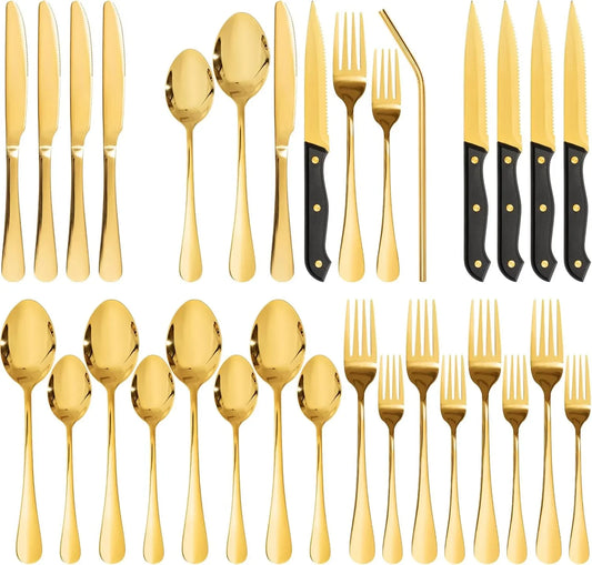 24-Piece Silverware Set with Steak Knives Gold Flatware Set for 4 Food-Grade Stainless Steel Cutlery Set Mirror Polished Utensils Set Include Spoons and Forks for Home Kitchen Restaurant