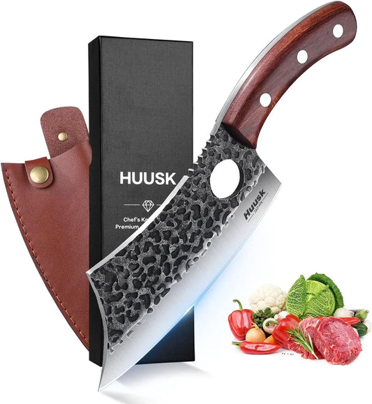 Meat Cleaver Knife, Hand Forged Butcher Knife for Meat Cutting, Full Tang Viking Knives with Sheath, Japanese Chef Knives for Outdoor Cooking, Camping, BBQ, Christmas Gift for Man and Women