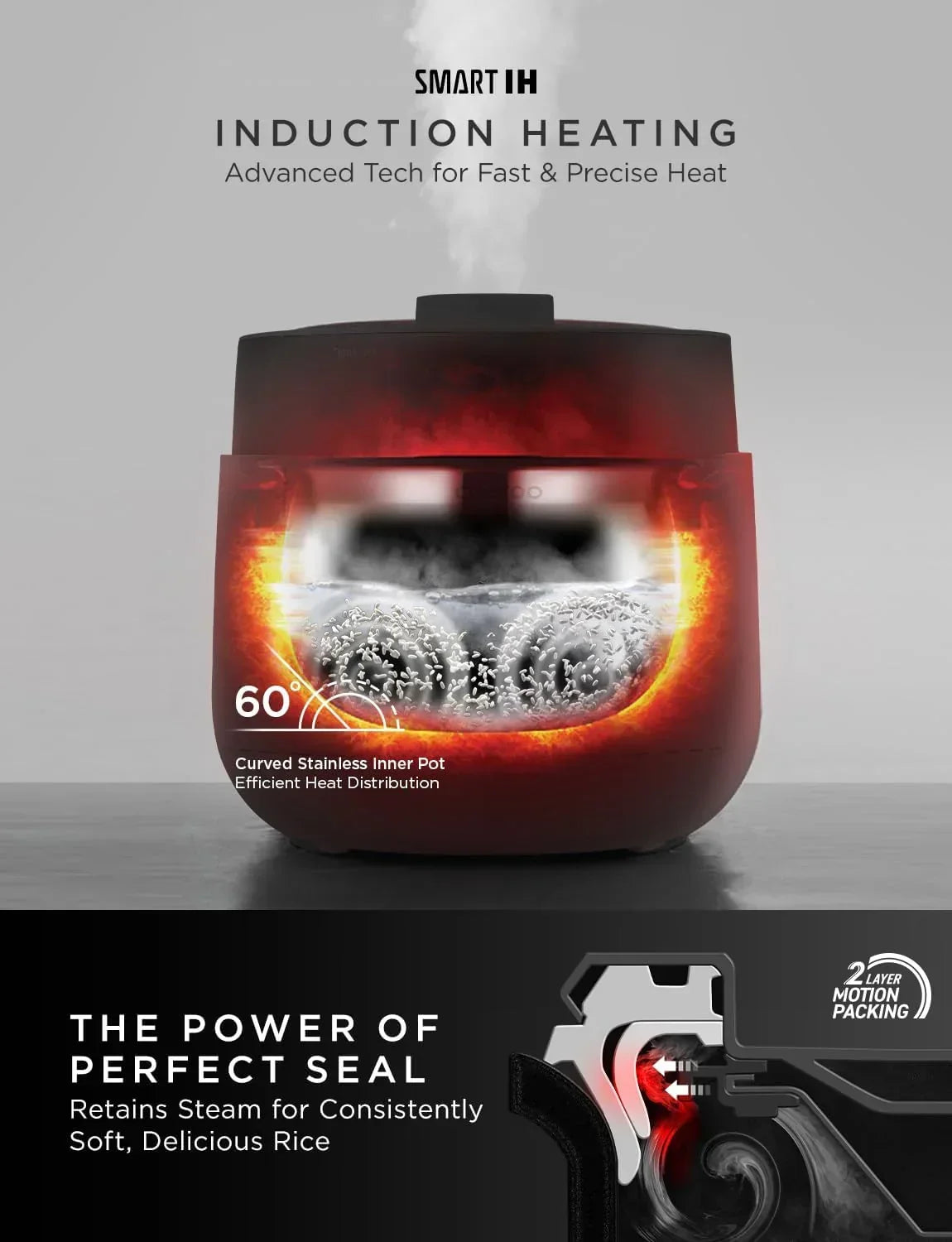 Smart IH induction rice cooker with curved stainless inner pot, perfect seal for soft, delicious rice