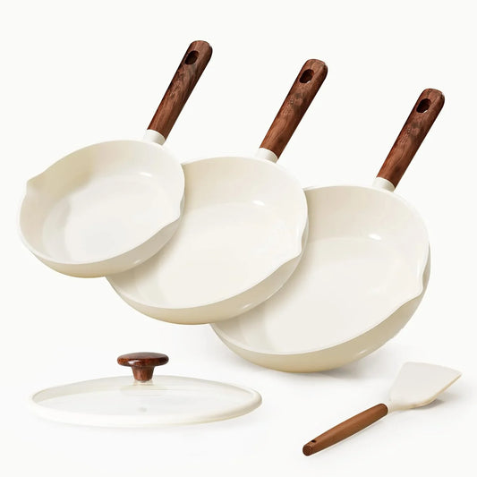 Nonstick Frying Pans Skillets, Ceramic Coating Non-Stick Frying Pans Set, 5 PCS, Non-Toxic Healthy & PFOA Free, Induction Compatible, 8+9.5+11 Inch with Colander Lid and Spatula, Cream White