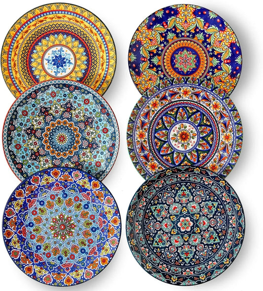 Dinner Plates, 10.5 Inch Ceramic Plates Set of 6 for Steak, Snacks, Pizza, Cake, Colorful Serving Dishes for Kitchen, Housewarming Gift, Microwave, Oven & Dishwasher Safe, Bohemian