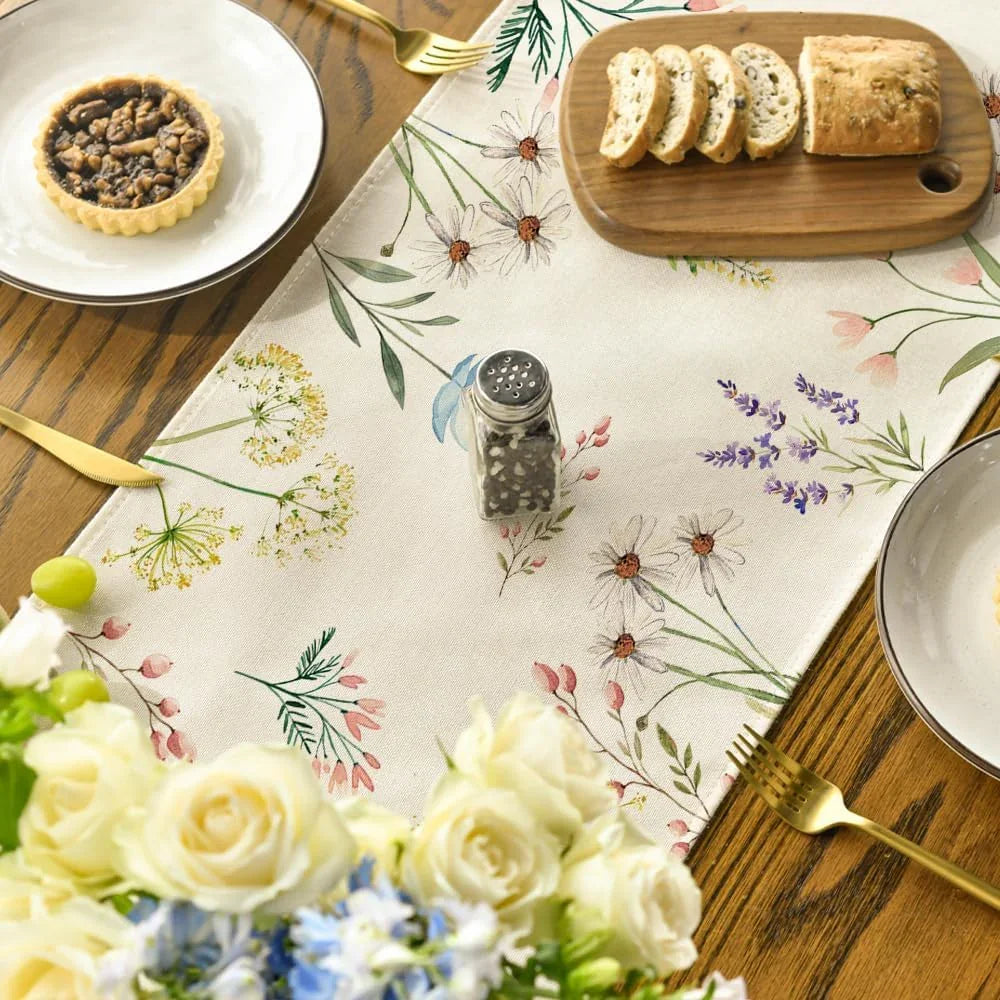 Flowers Floral Summer Table Runner, Seasonal Spring Fall Kitchen Dining Table Decoration for Home Party 13X72 Inch