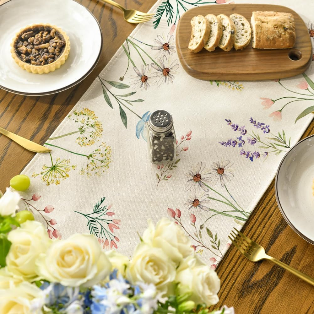 Flowers Floral Summer Table Runner, Seasonal Spring Fall Kitchen Dining Table Decoration for Home Party 13X72 Inch