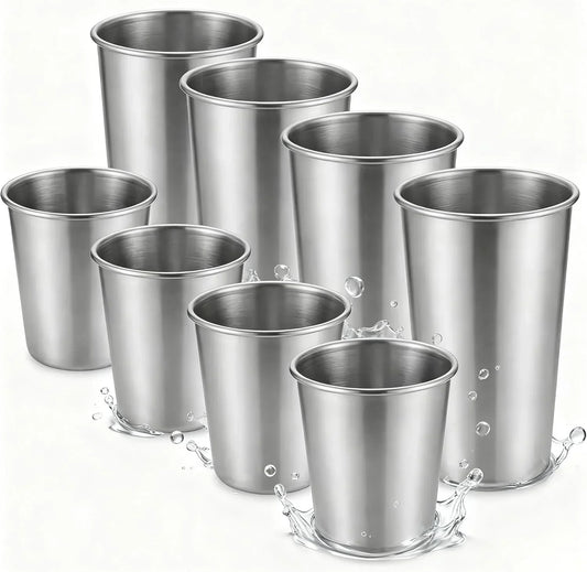 Stainless Steel Cups & Pint Tumblers Set of 8 - 4 Pack 8 Oz + 4 Pack 16 Oz Stackable, BPA Free Unbreakable 304 Metal Drinking Glasses for Children & Adults, Indoor Outdoor Picnic Travel Camping