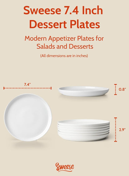 7.4 Inch Porcelain Dessert Plates, Set of 6 - Stackable, Microwave Oven Safe - White