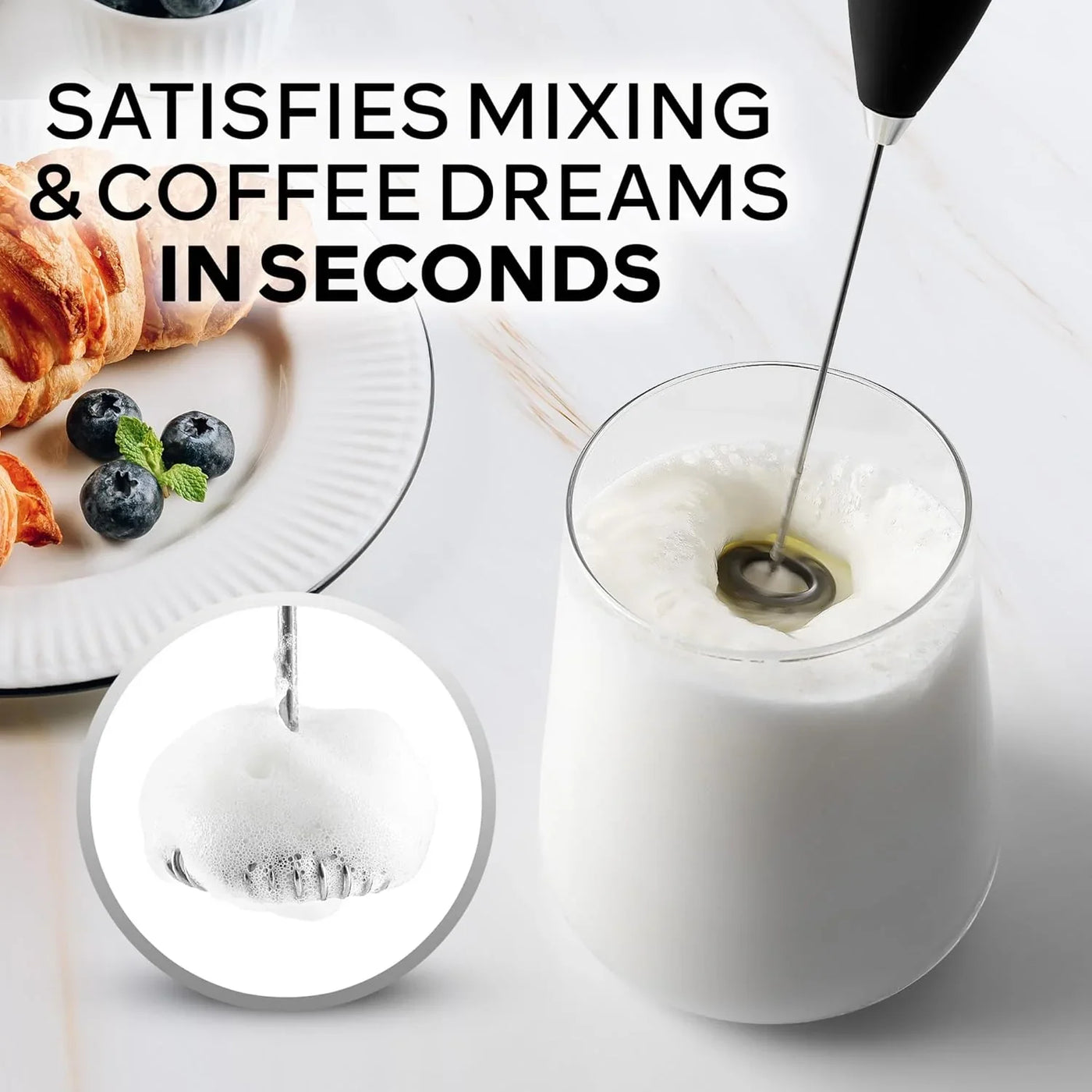 Powerful Milk Frother Wand with 2 Duracell Batteries - Ultra Fast Handheld Drink Mixer - Electric Whisk Foam Maker for Coffee, Lattes, Cappuccino, Matcha, Hot Chocolate & Creamer - Black