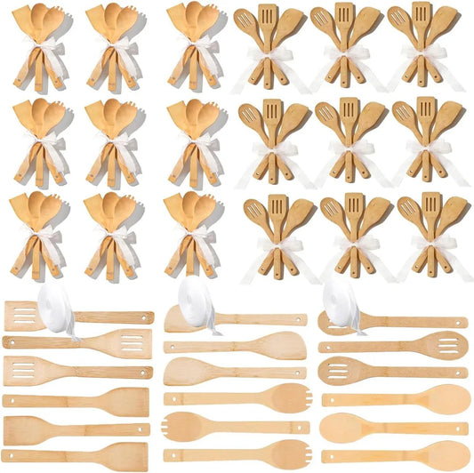 72 Pcs Bamboo Kitchenware Set with 12-Inch Natural Wooden Tools, Includes 5 Rolls of Ribbon Ideal for Housewarming Gifts, Baby Shower Presents, and Wedding Party Favors (6 Styles)