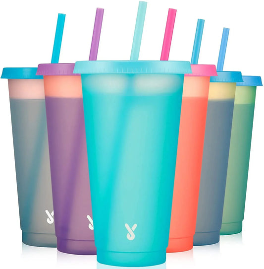 Plastic Cute Cold Cups with Lids and Straws Bulk for Iced Coffee - 6 Pack 24 Oz Color Changing Reusable for Adults Kid Women Party